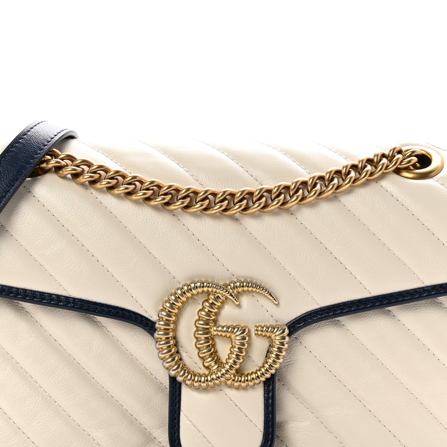 Vintage Effect Calfskin Matelasse Diagonal Small Torchon GG Marmont Shoulder Bag Mystic White Blue Agata