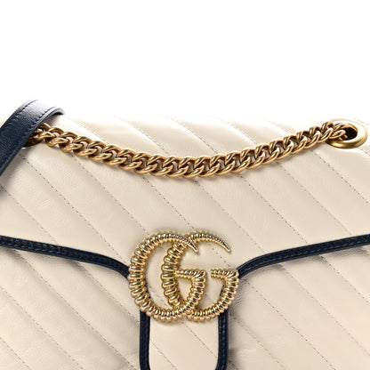 Gucci Vintage Effect Calfskin Matelasse Diagonal Small Torchon GG Marmont Shoulder Bag Mystic White Blue Agata 8 of 10