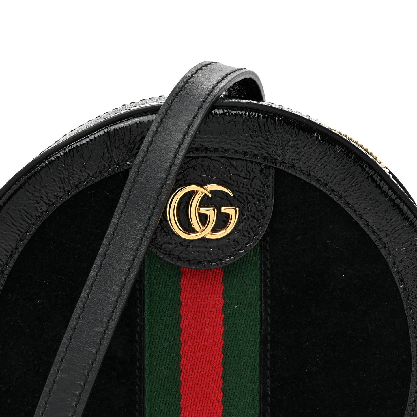 Suede Patent Web Mini Ophidia Round Shoulder Bag Black