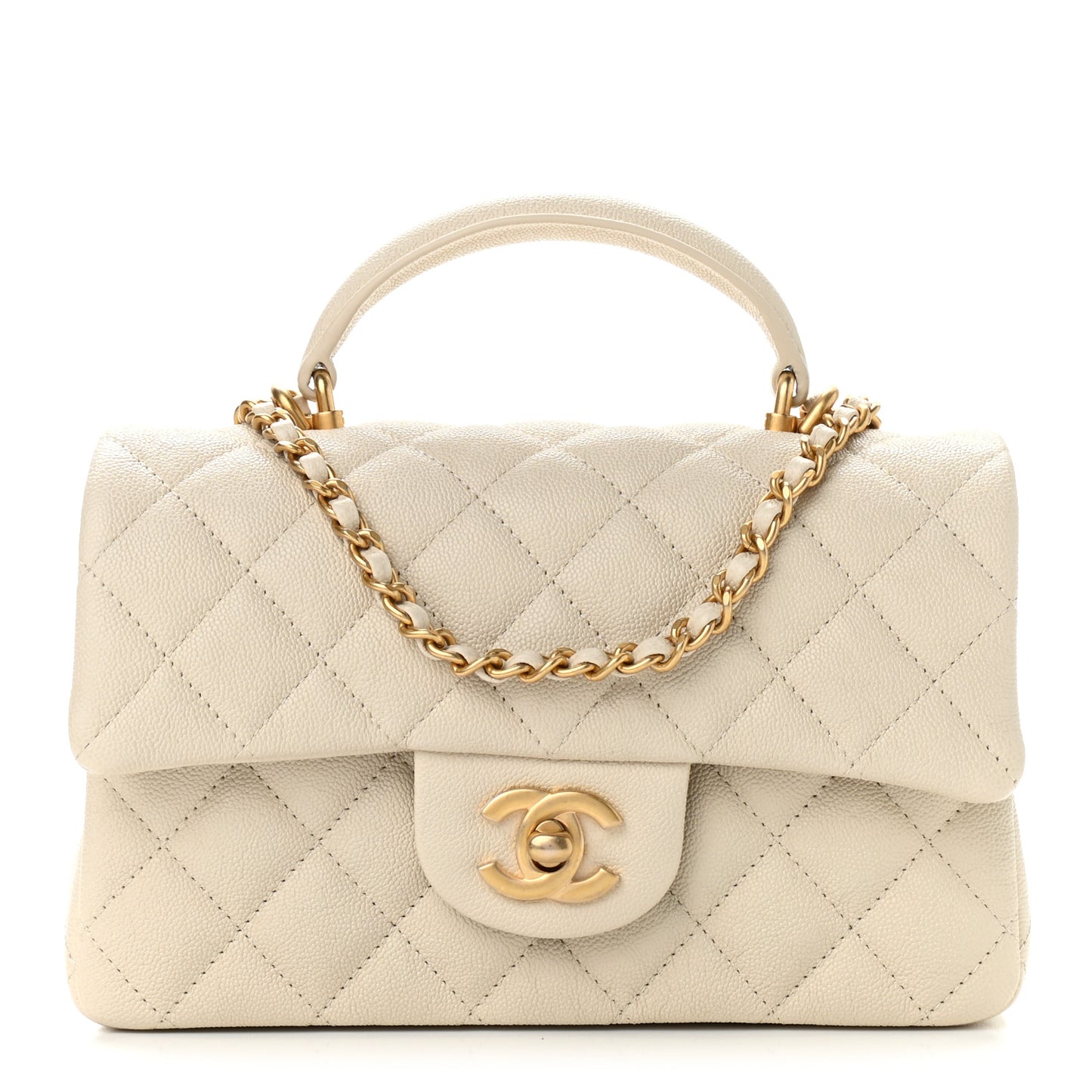 Caviar Quilted Mini Top Handle Rectangular Flap Beige