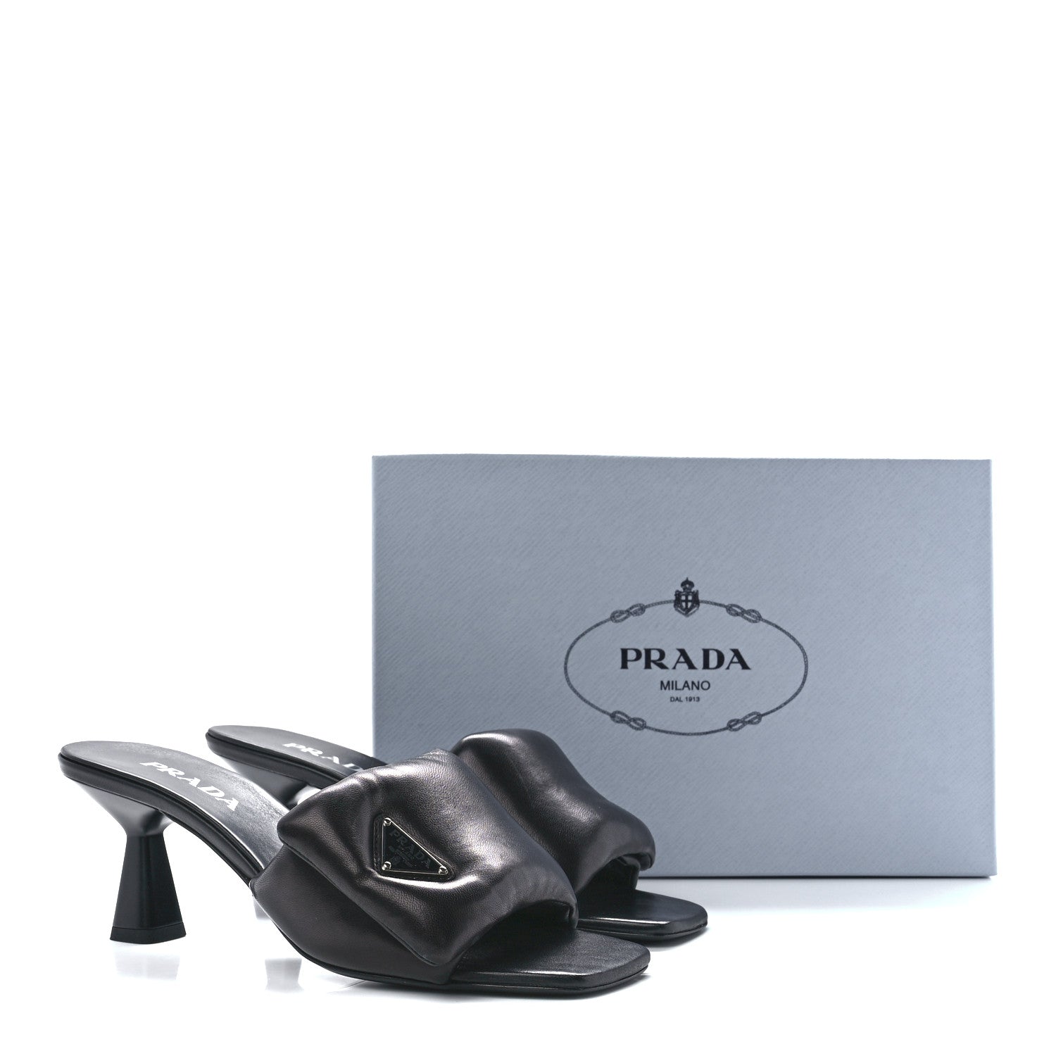 Prada Nappa Soft Padded Metal Triangle Logo 65mm Slide Sandals 40 Black 9 of 9