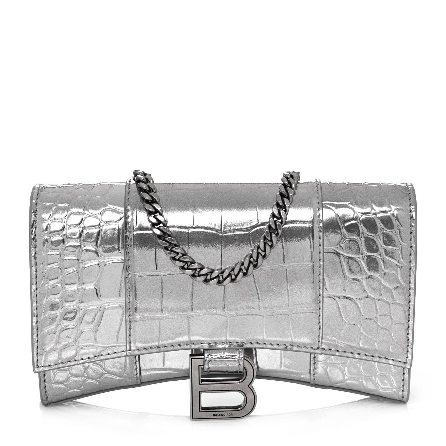Metallic Calfskin Crocodile Embossed Hourglass Chain Bag Silver