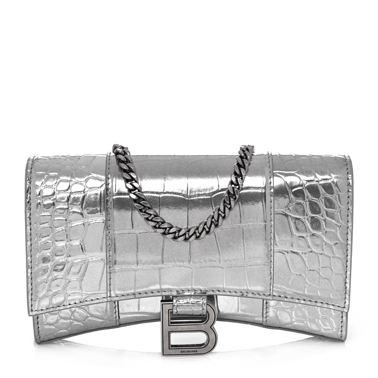 Balenciaga Metallic Calfskin Crocodile Embossed Hourglass Chain Bag Silver 1 of 13