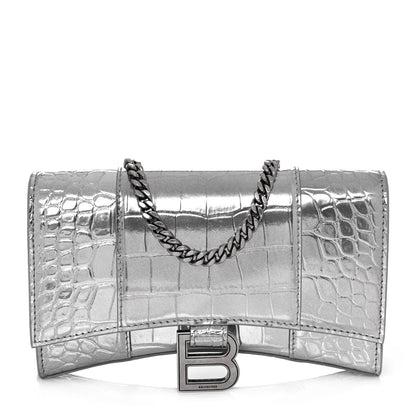 Balenciaga Metallic Calfskin Crocodile Embossed Hourglass Chain Bag Silver 1 of 13