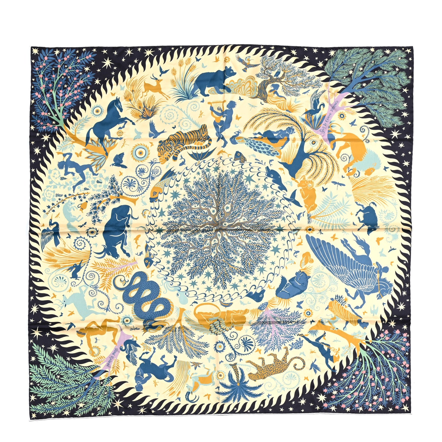 Silk Sous Le Charme d'Orphee Double Face Scarf 90 Marine Creme Vert