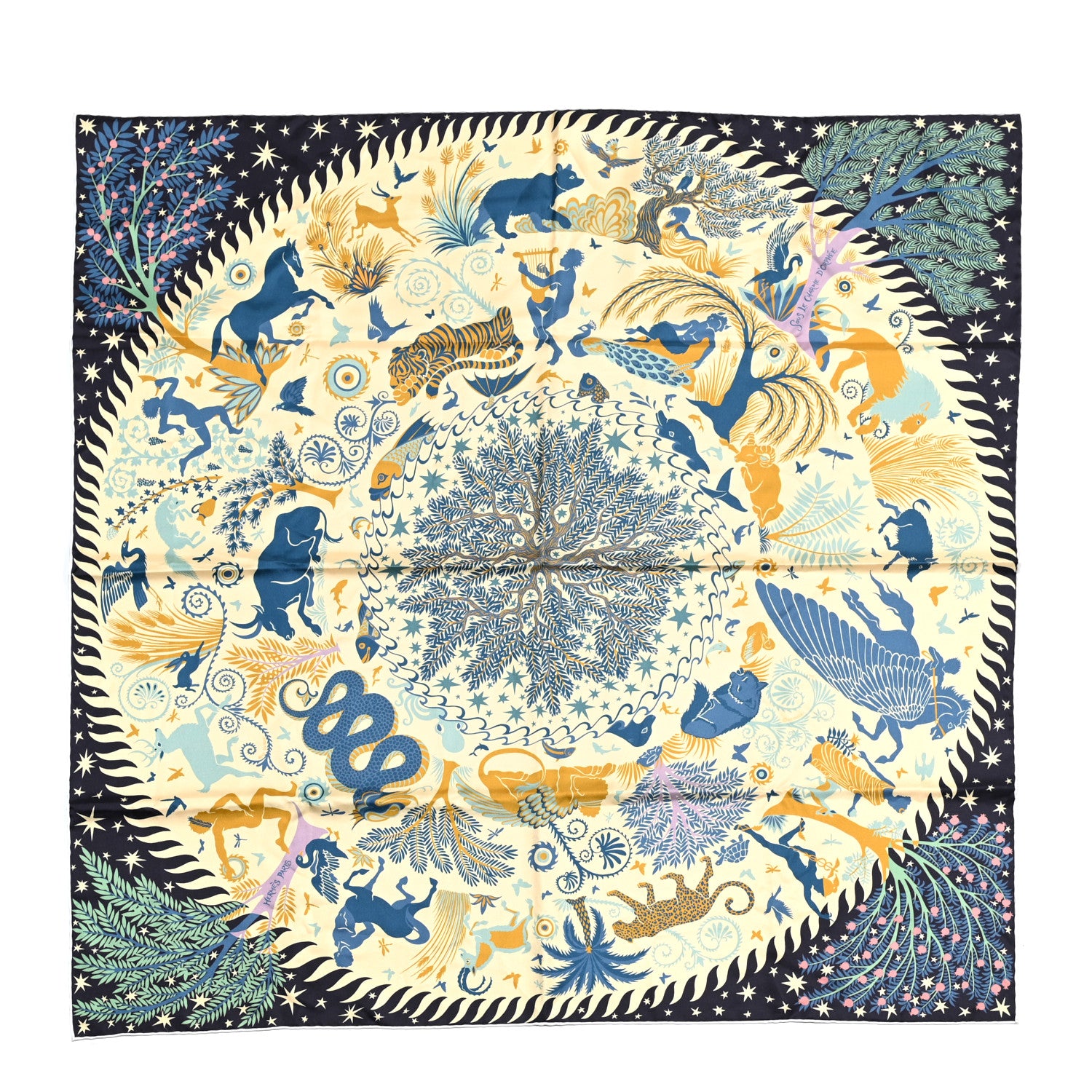 Hermes Silk Sous Le Charme d'Orphee Double Face Scarf 90 Marine Creme Vert 7 of 7