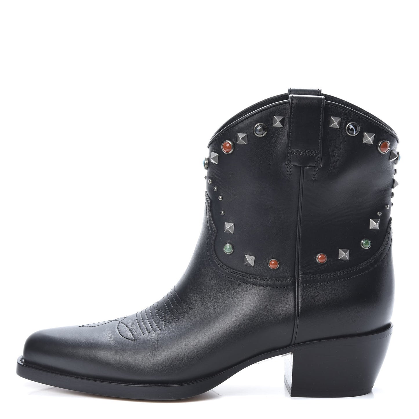 Calfskin Rockstud Rolling Cowboy Ankle Boots 40 Black