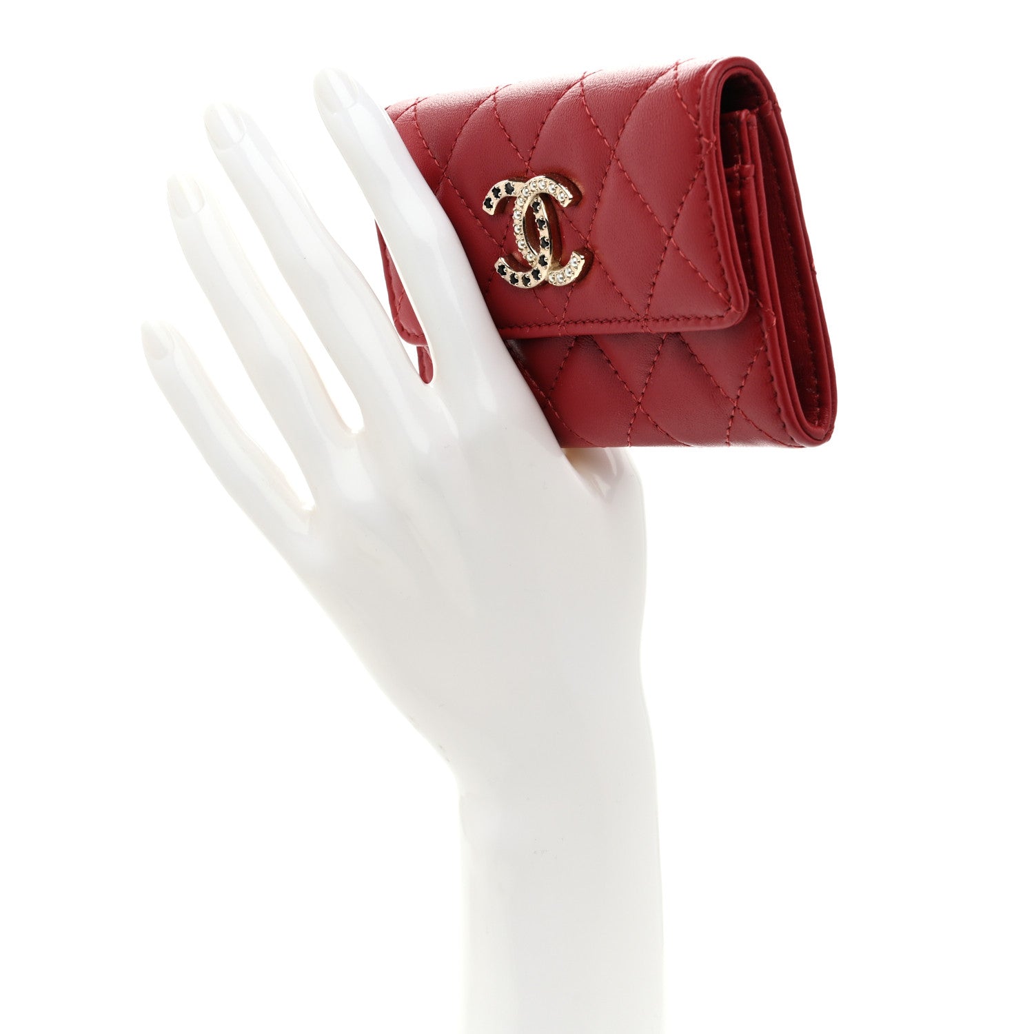 Chanel Lambskin Pearl Enamel Quilted Flap Card Holder Red 2 of 9