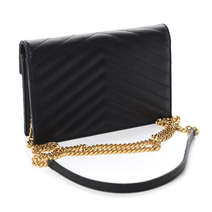 Saint Laurent Grain De Poudre Matelasse Chevron Monogram Envelope Chain Wallet Black 3 of 13