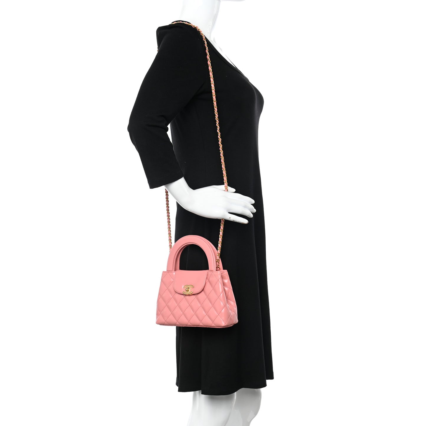 Shiny Aged Calfskin Quilted Nano Kelly Shopper Coral Pink