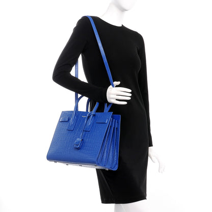 Saint Laurent Calfskin Crocodile Embossed Small Sac De Jour Royal Blue 2 of 14