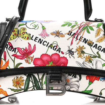 Balenciaga X GUCCI Canvas Boarded Plutone Calfskin Flora Logo Print Small Hourglass Top Handle Bag White Multicolor Black 8 of 10
