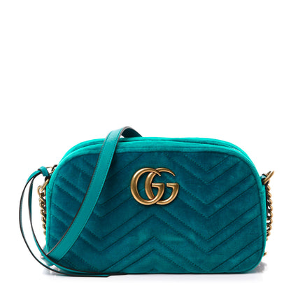 Gucci Velvet Matelasse Small GG Marmont Chain Shoulder Bag Pavone Cyan 1 of 10