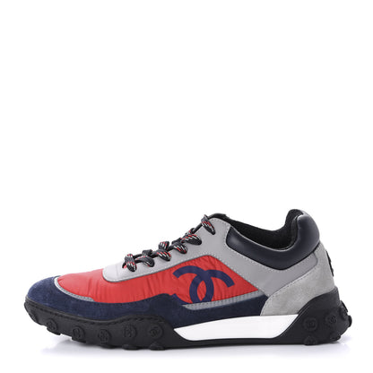 Chanel Nylon Calfskin Suede Womens CC Sneakers 37.5 Red Grey Navy 1 of 10