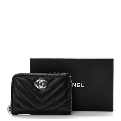Chanel Lambskin Chevron Quilted Studded Zip Around Coin Purse Black 8 of 8