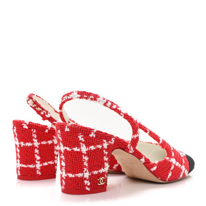 Chanel Tweed Grosgrain Cap Toe CC Slingback Pumps 39 Red White 5 of 11
