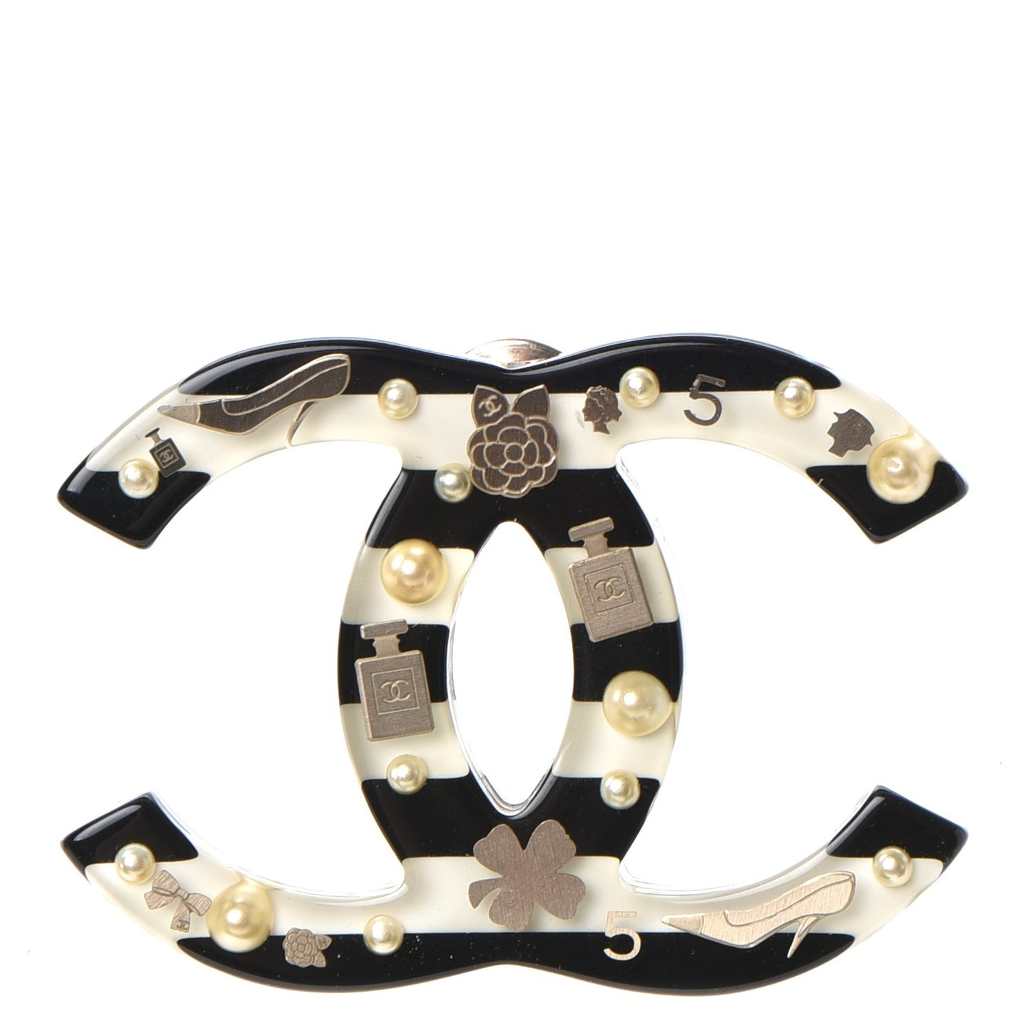 Resin Pearl Enamel Striped CC Brooch Black White