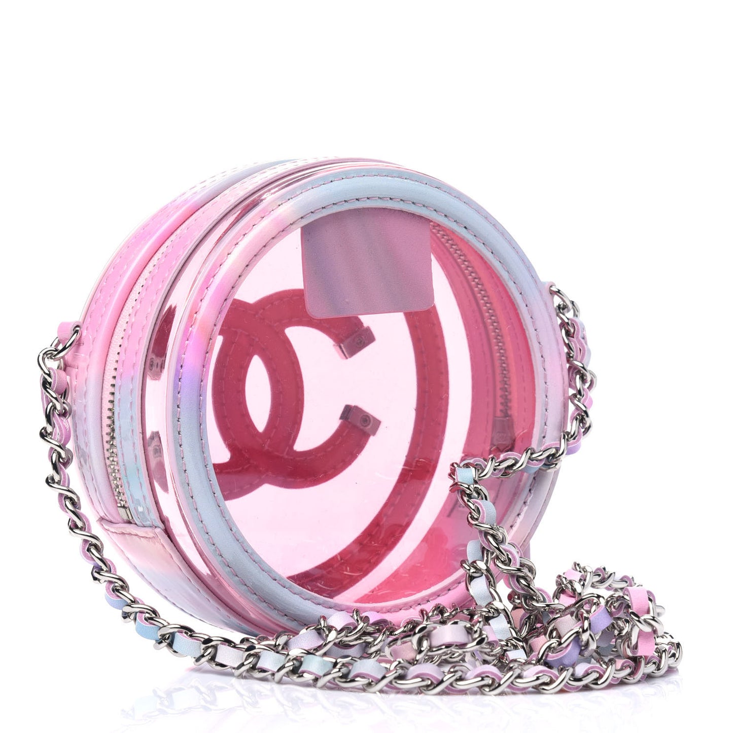PVC Lambskin Filigree Round Clutch With Chain Pink