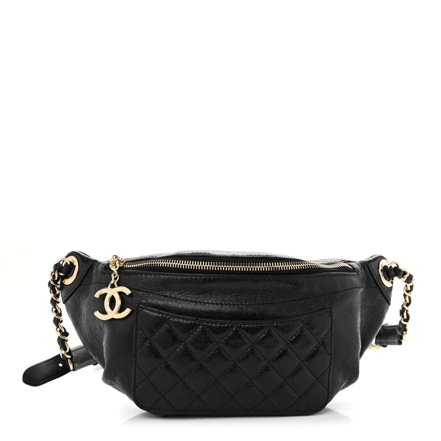 Crumpled Glazed Lambskin Quilted Waist Bag Fanny Pack Black