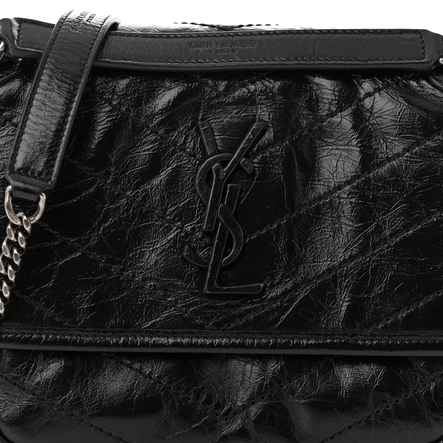 Crinkled Calfskin Matelasse Monogram Baby Niki Chain Satchel Black