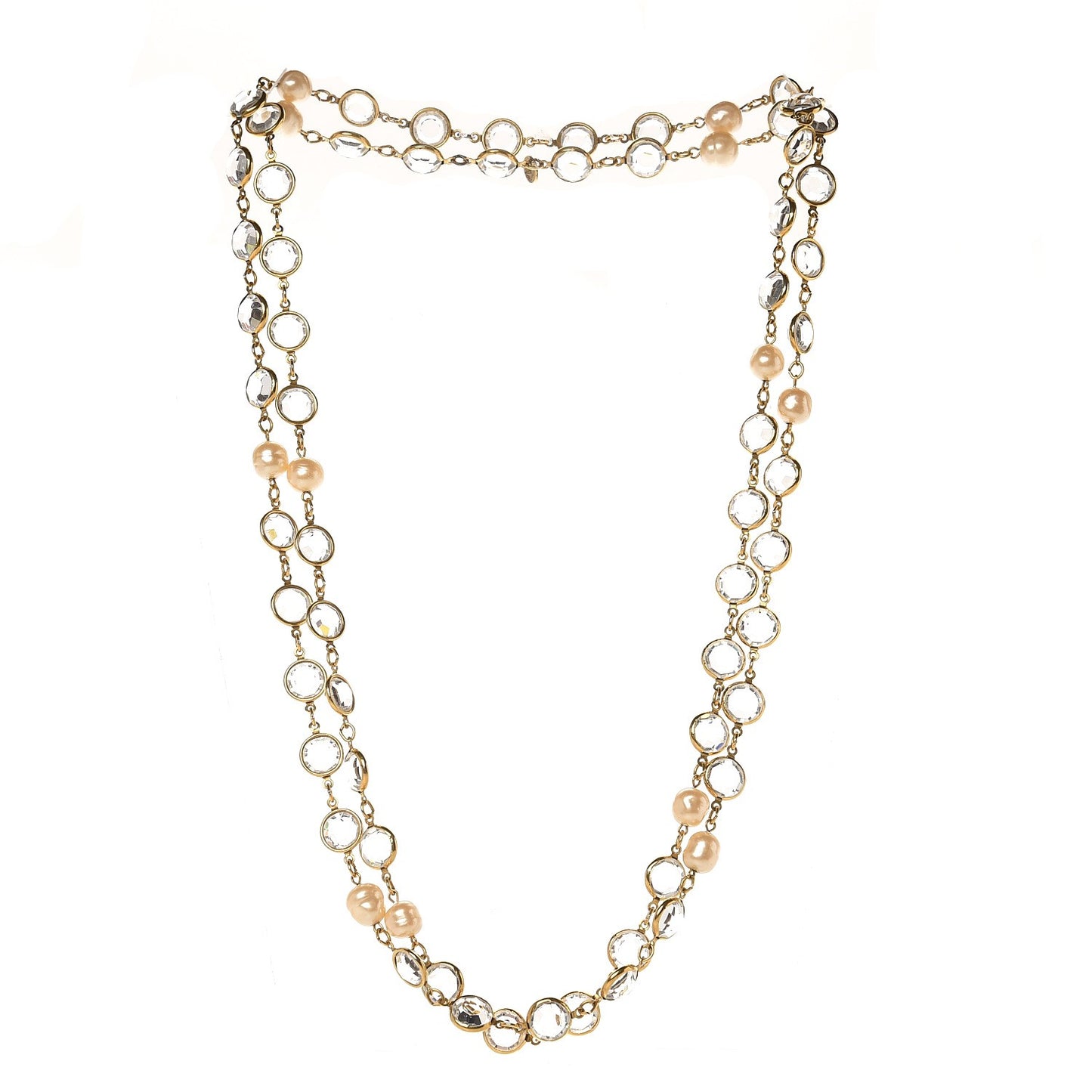 Crystal Pearl Sautoir Long Necklace Gold
