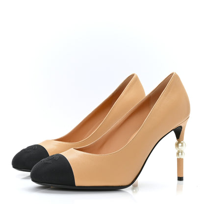 Chanel Lambskin Grosgrain Pearl Cap Toe Pumps 40 Beige Black 3 of 8