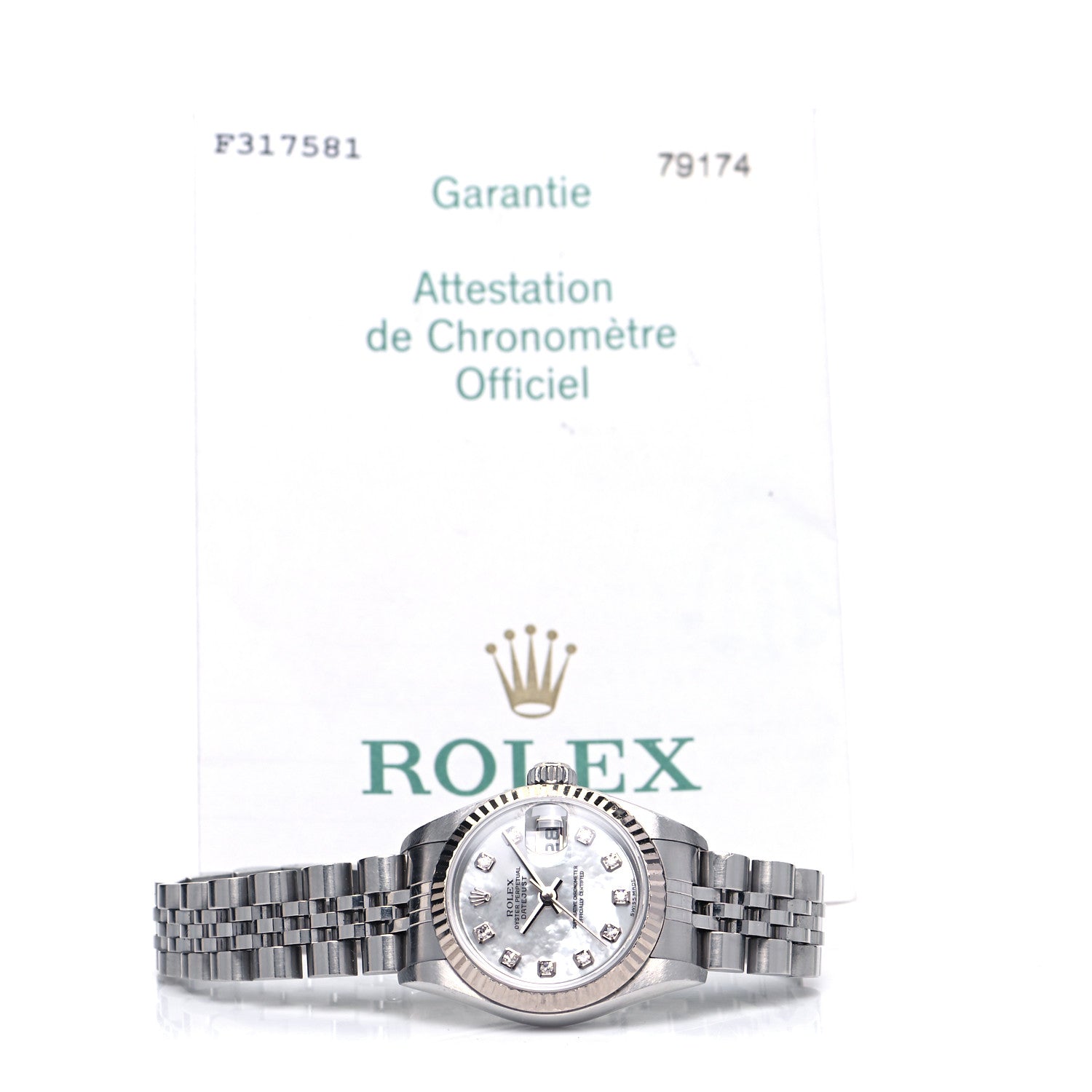 Rolex Stainless Steel 18K White Gold Diamond Mother of Pearl 26mm Oyster Perpetual Datejust Watch 79174 9 of 9