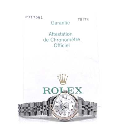 Rolex Stainless Steel 18K White Gold Diamond Mother of Pearl 26mm Oyster Perpetual Datejust Watch 79174 9 of 9