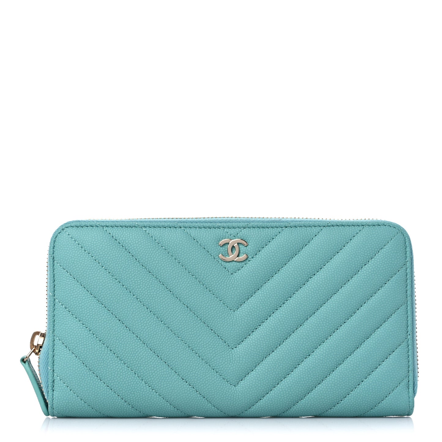 Caviar Chevron Large Gusset Zip Around Wallet Turquoise