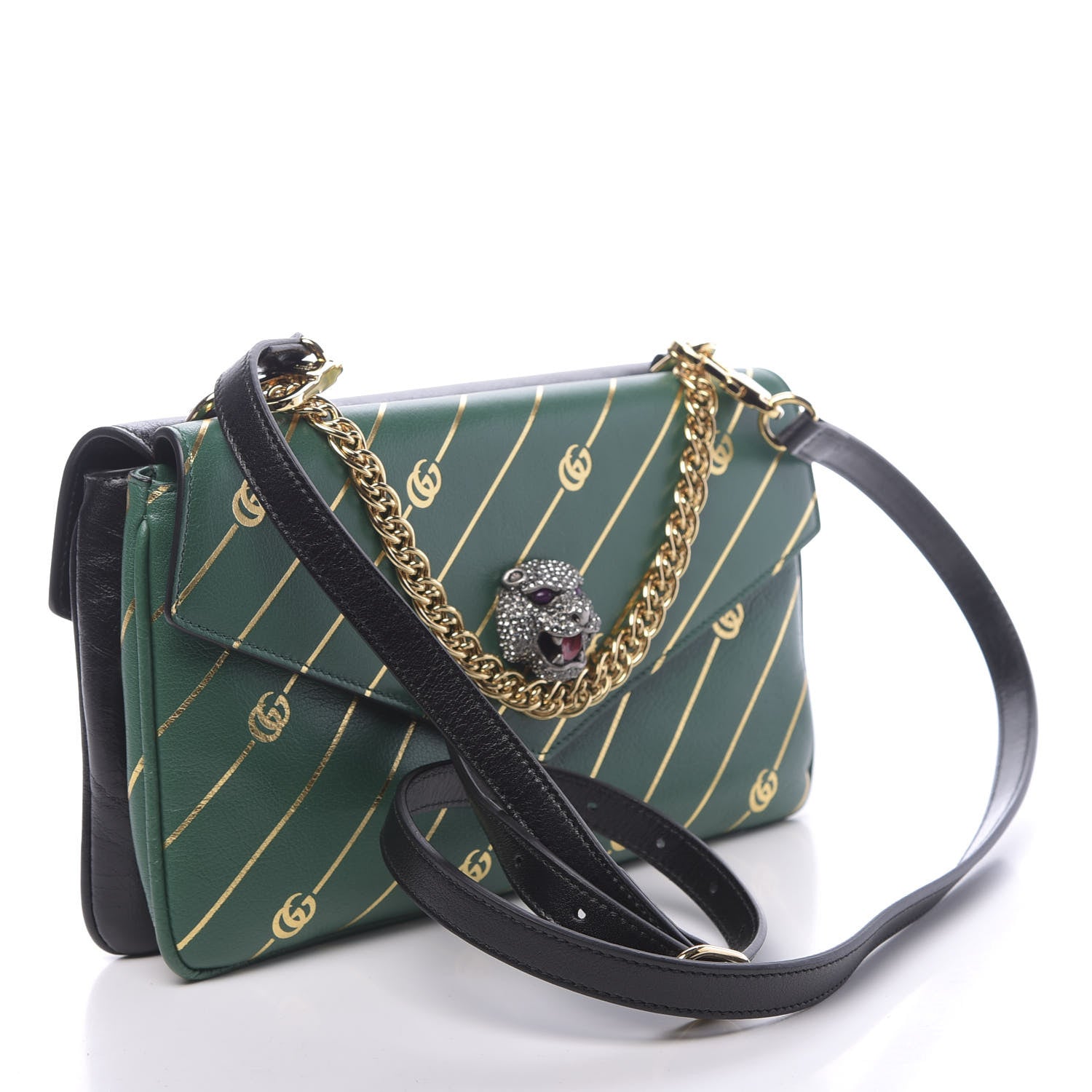 Gucci Calfskin Diagonal GG Medium Thiara Double Envelope Shoulder Bag Emerald Green Black 4 of 12