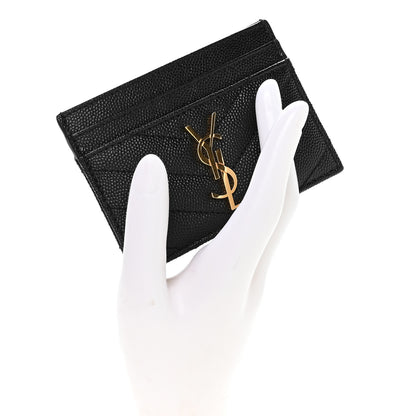 Saint Laurent Grain De Poudre Matelasse Chevron Monogram Credit Card Case Black 2 of 8