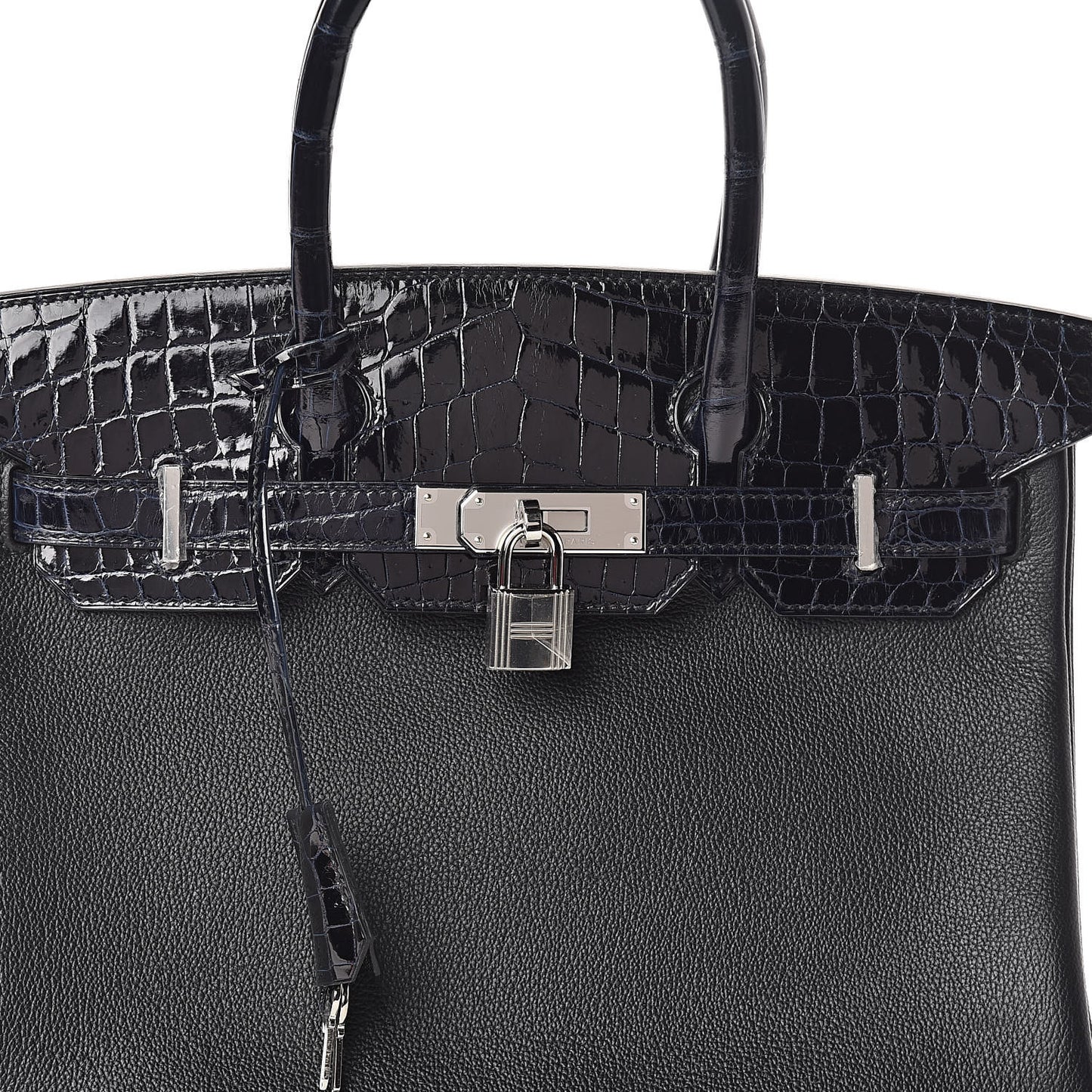 Clemence Novillo Shiny Niloticus Crocodile Birkin Touch 30 Black Bleu Marine