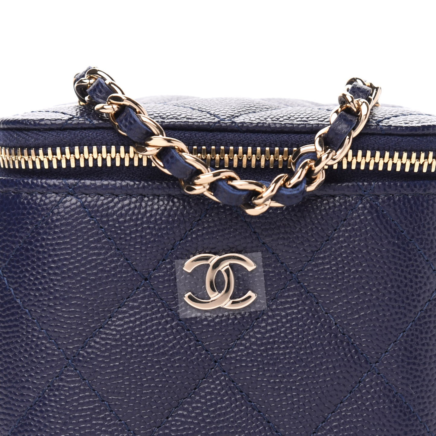 Caviar Quilted Mini Vanity Case With Chain Navy Blue