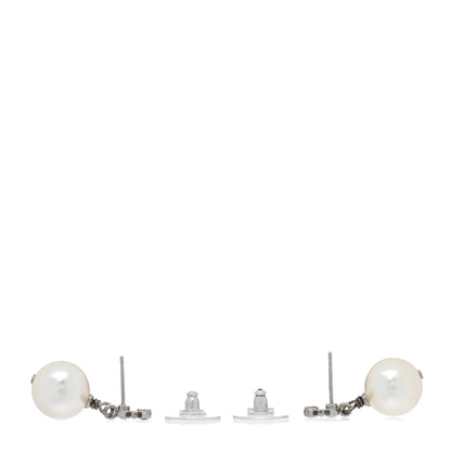 Chanel Crystal Pearl CC Drop Earrings Silver Pearly White 3 of 5