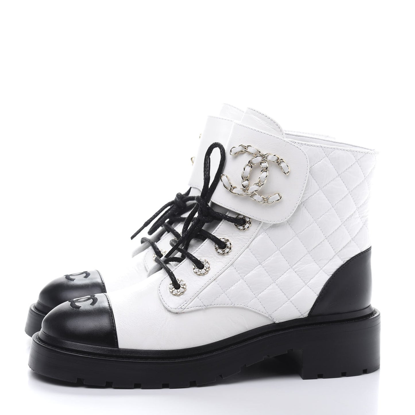 Shiny Goatskin Calfskin Quilted Lace Up Combat Boots 38.5 White Black