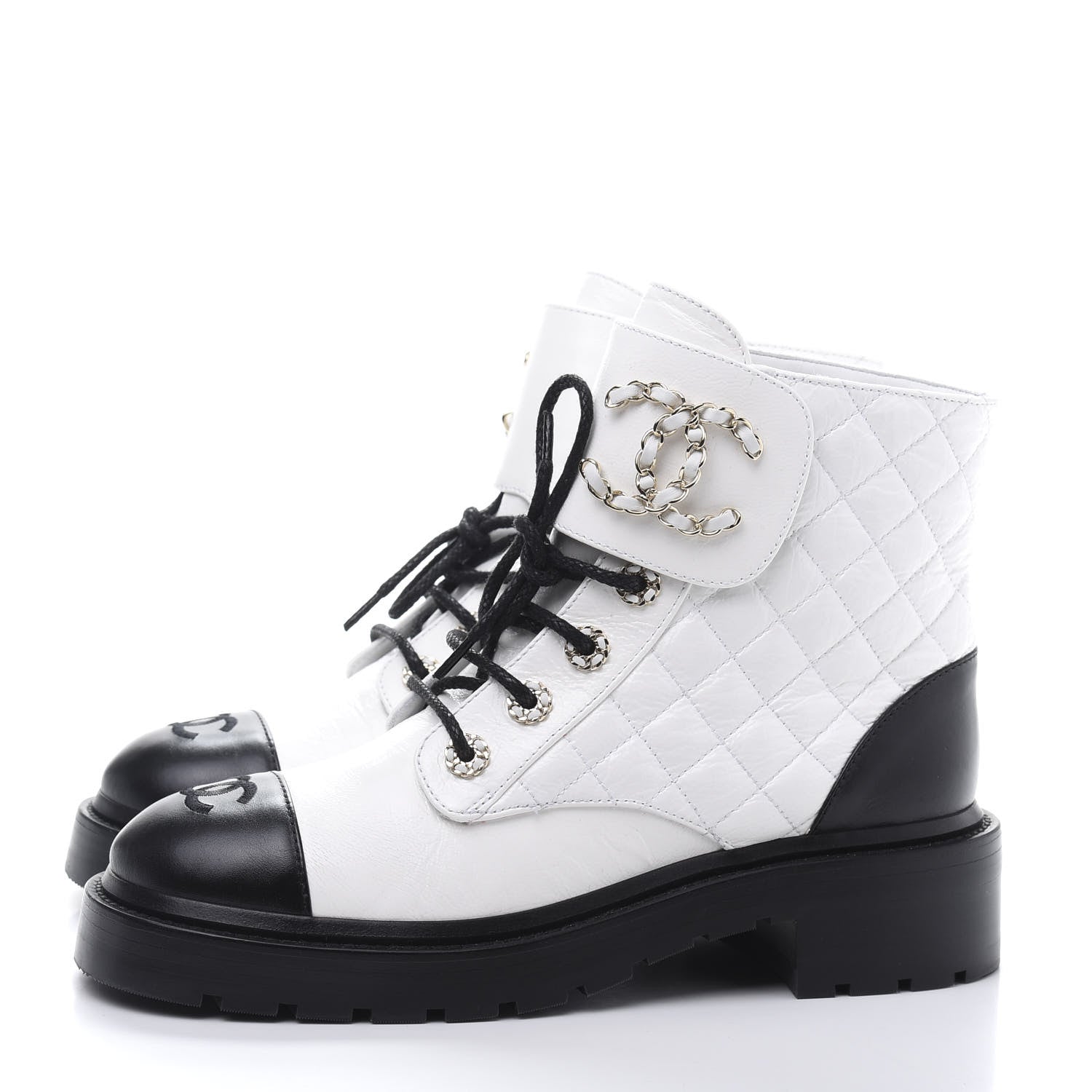 Chanel Shiny Goatskin Calfskin Quilted Lace Up Combat Boots 38.5 White Black 3 of 8