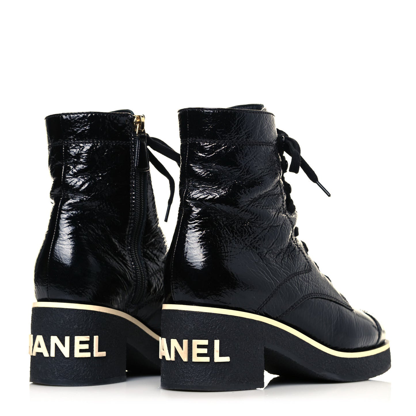 Shiny Crumpled Lambskin Lace Up Combat Boots 37 Black