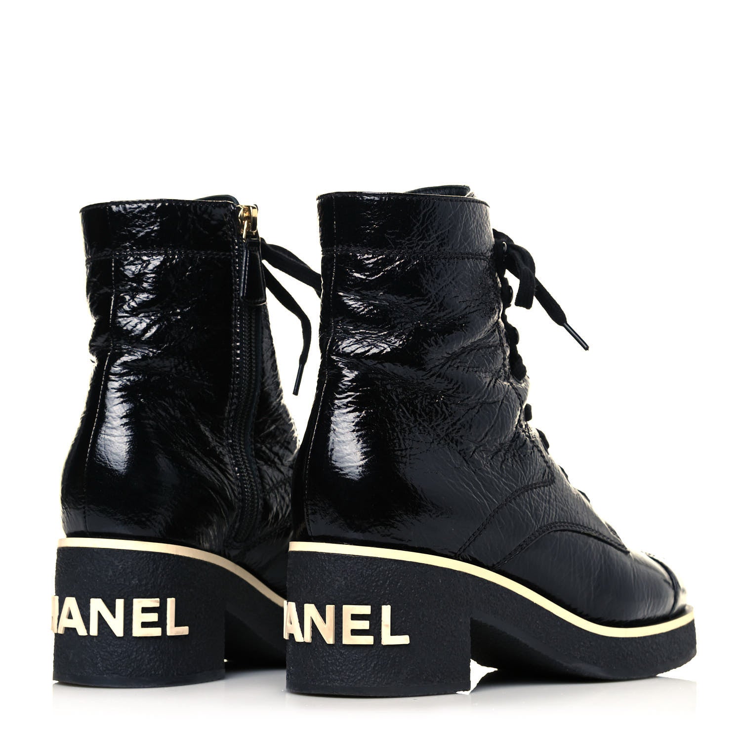 Chanel Shiny Crumpled Lambskin Lace Up Combat Boots 37 Black 4 of 5