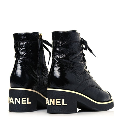 Chanel Shiny Crumpled Lambskin Lace Up Combat Boots 37 Black 4 of 5