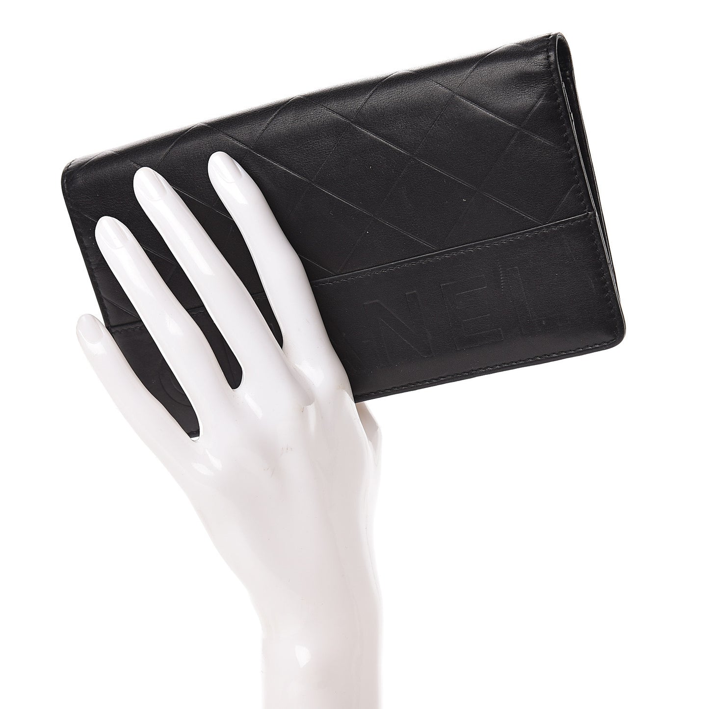 Lambskin Embossed Logo Yen Wallet Black