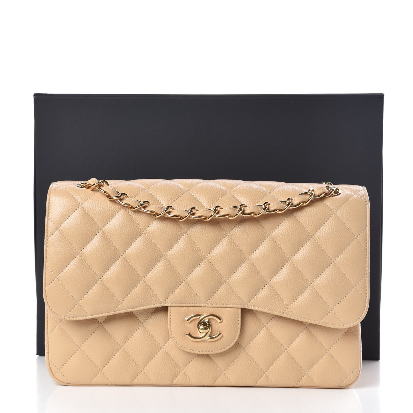 Caviar Quilted Jumbo Double Flap Beige Clair