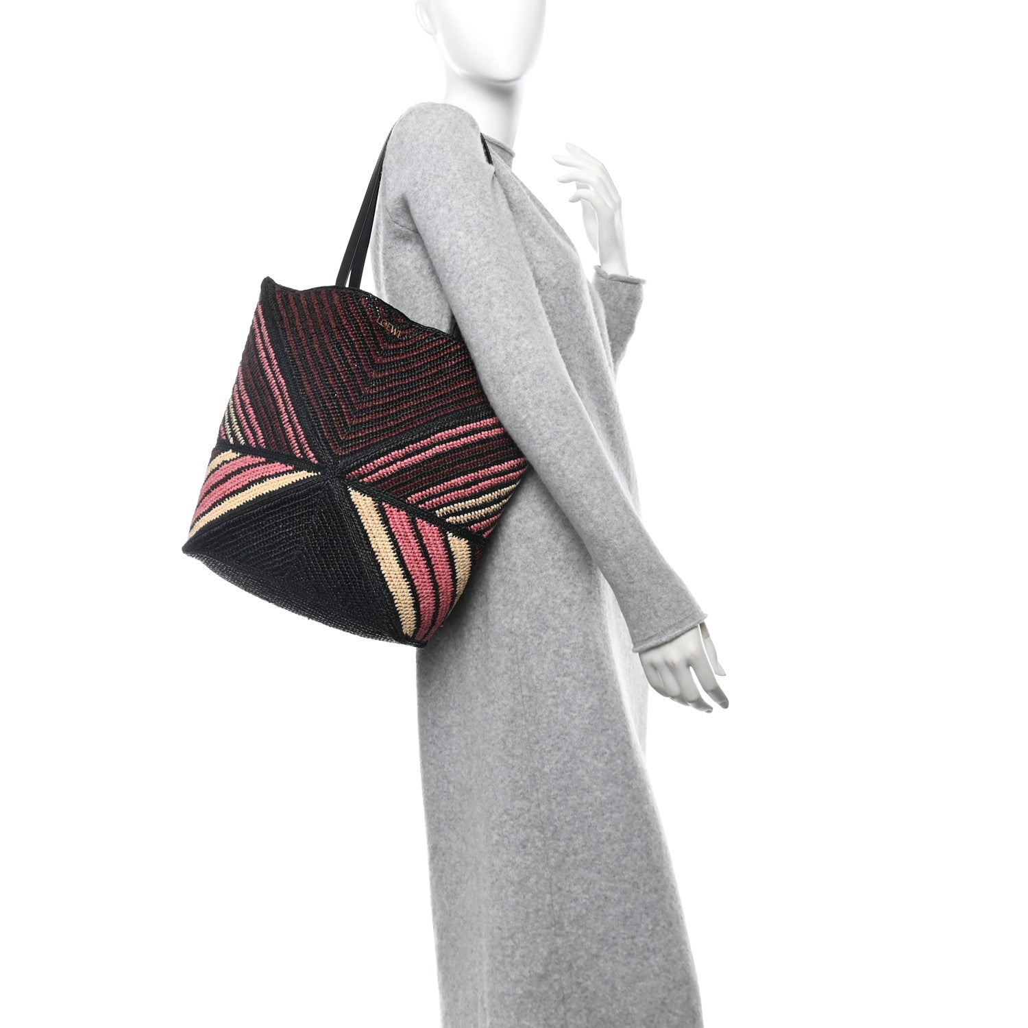 Loewe Raffia Calfskin Paula's Ibiza Medium Puzzle Fold Tote Pink Burgundy 2 of 10