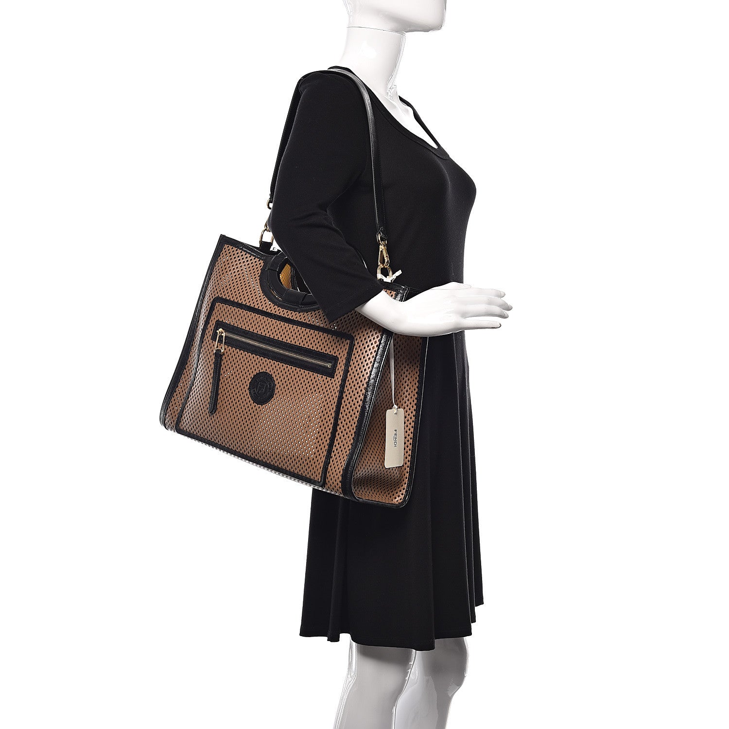 Fendi Vitello Liberty Glossy Lambskin Perforated Medium Runaway Shopper Tote Sand Mimosa Black 2 of 9