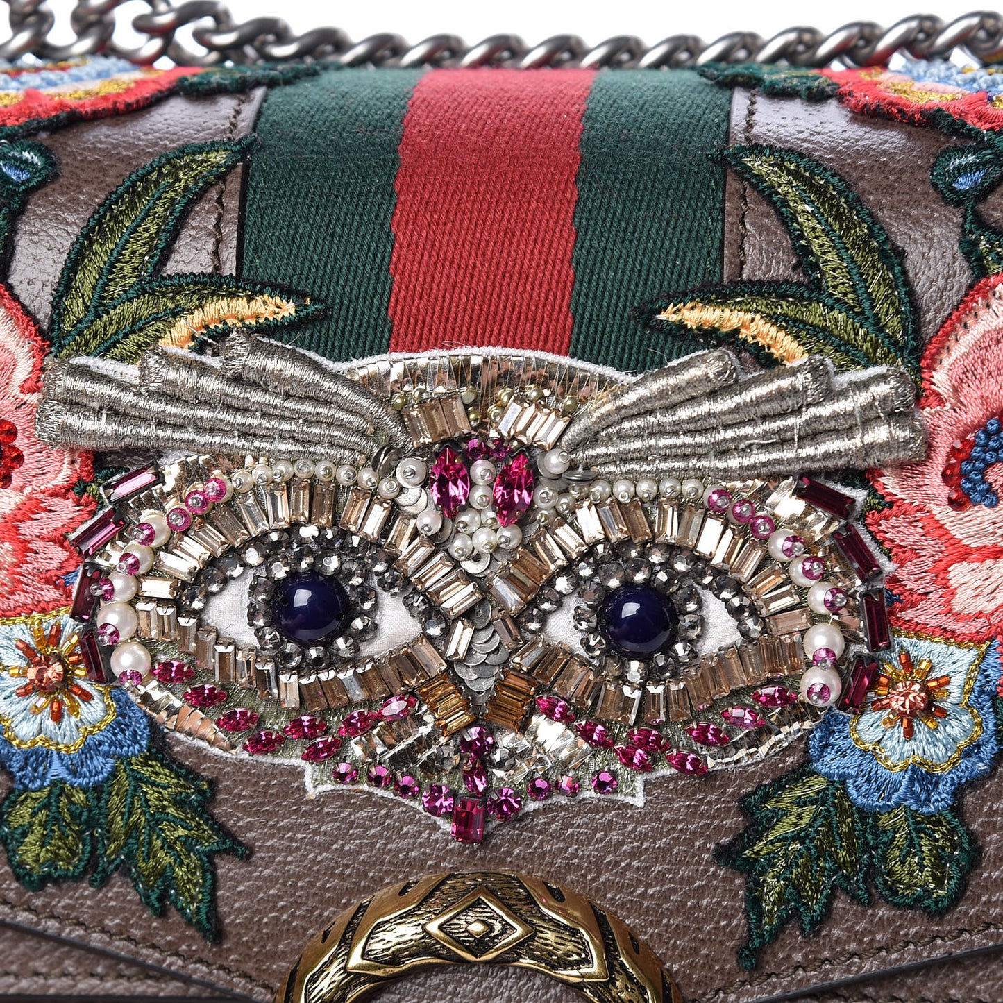 Calfskin Web Owl Embroidered Medium Dionysus Shoulder Bag New Acero Multicolor