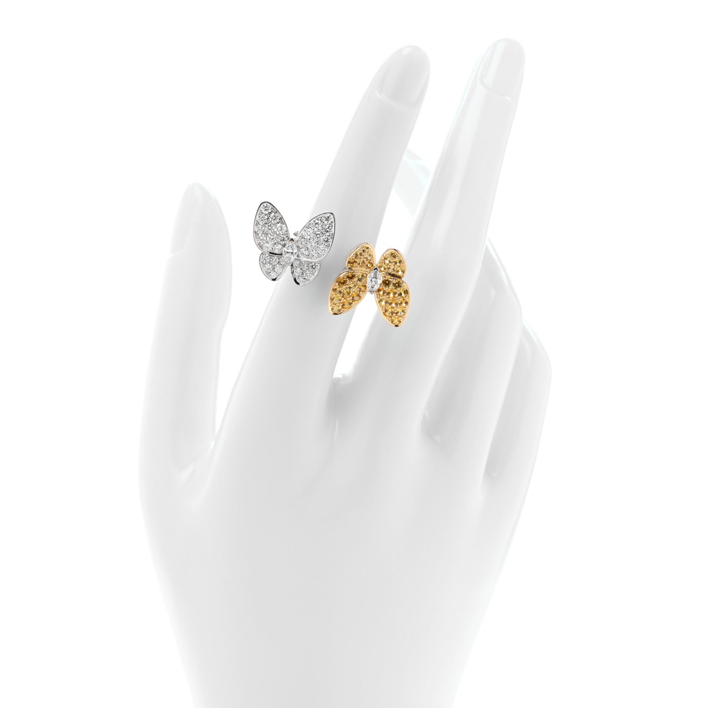 18K White Yellow Gold Diamond Yellow Sapphire Two Butterfly Between The Finger Ring  53 6.25
