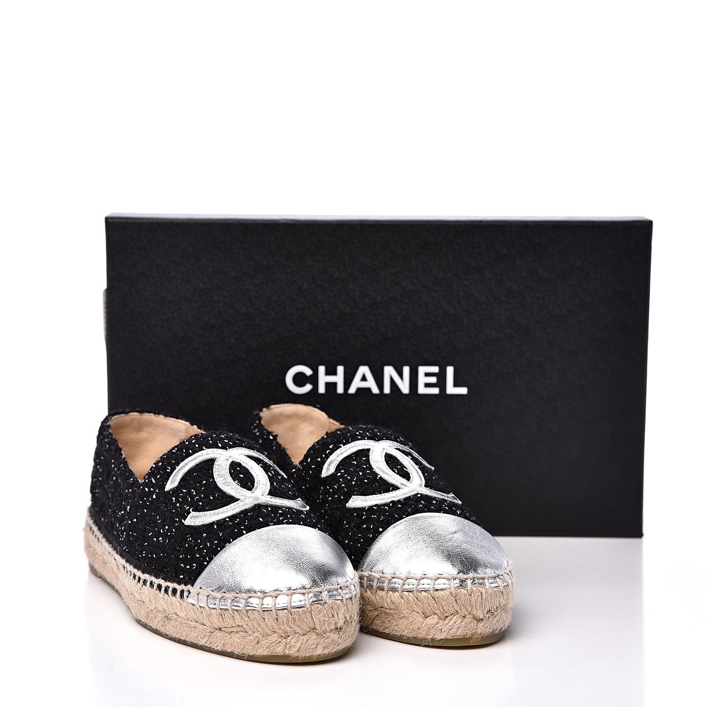 Metallic Tweed Lambskin CC Espadrilles 36 Black Silver