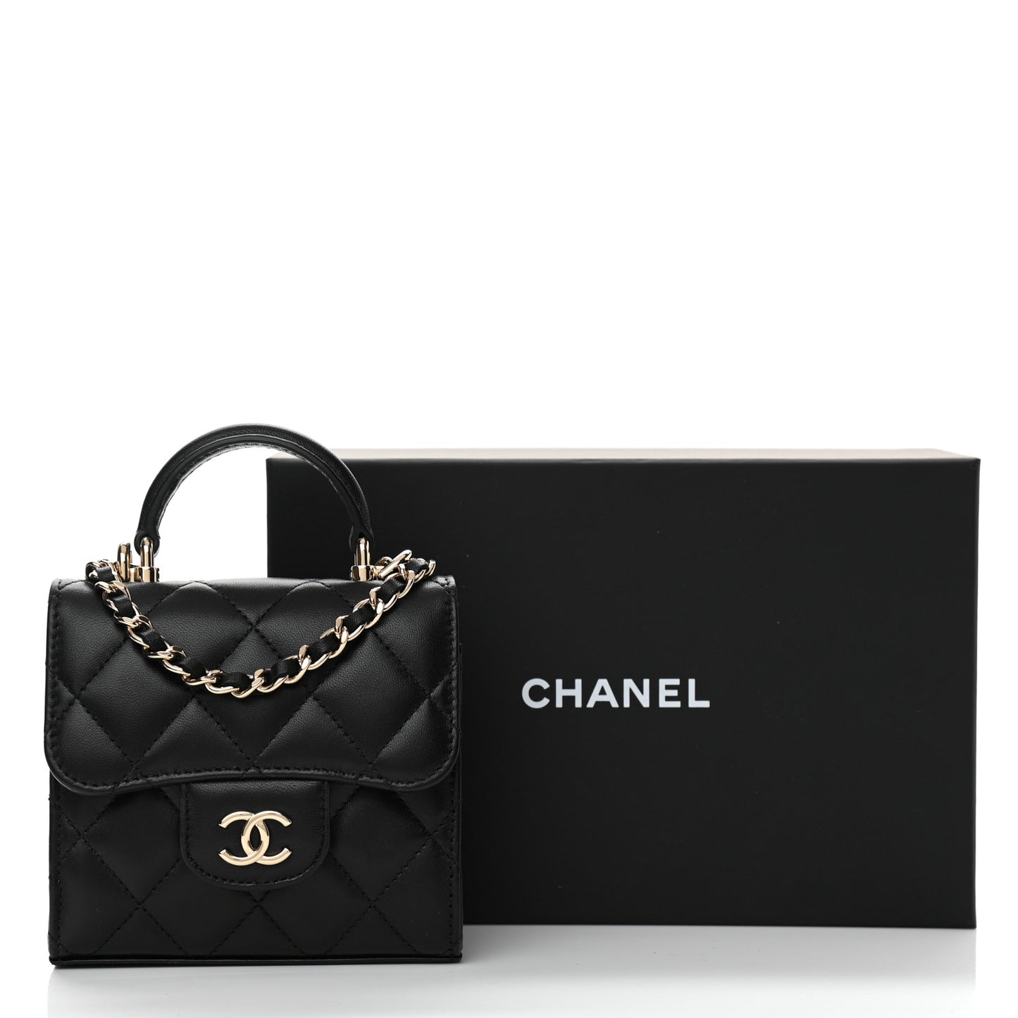 Lambskin Quilted Top Handle Flap Clutch With Chain Black