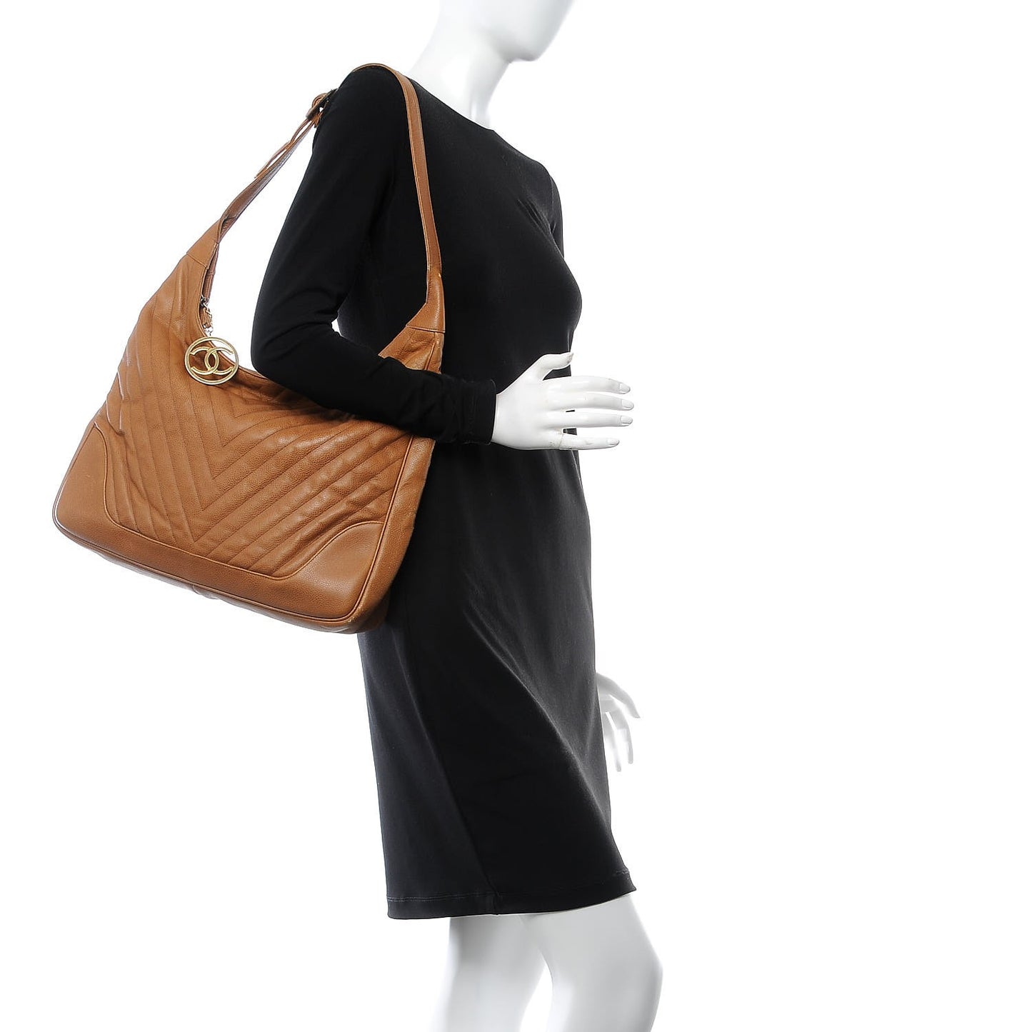 Caviar Chevron Quilted Hobo Beige