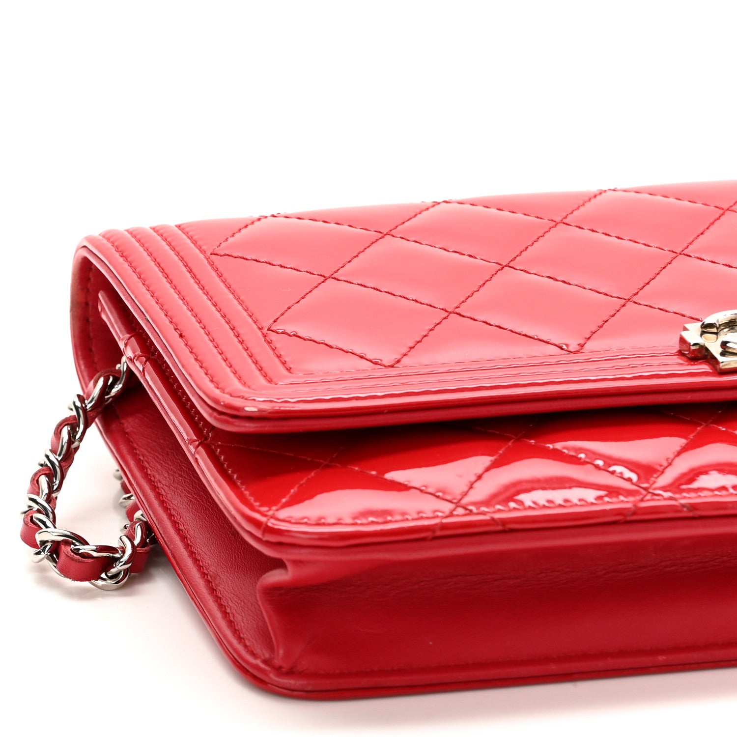 Chanel Patent Calfskin Quilted Boy Wallet On Chain WOC Red 9 of 11