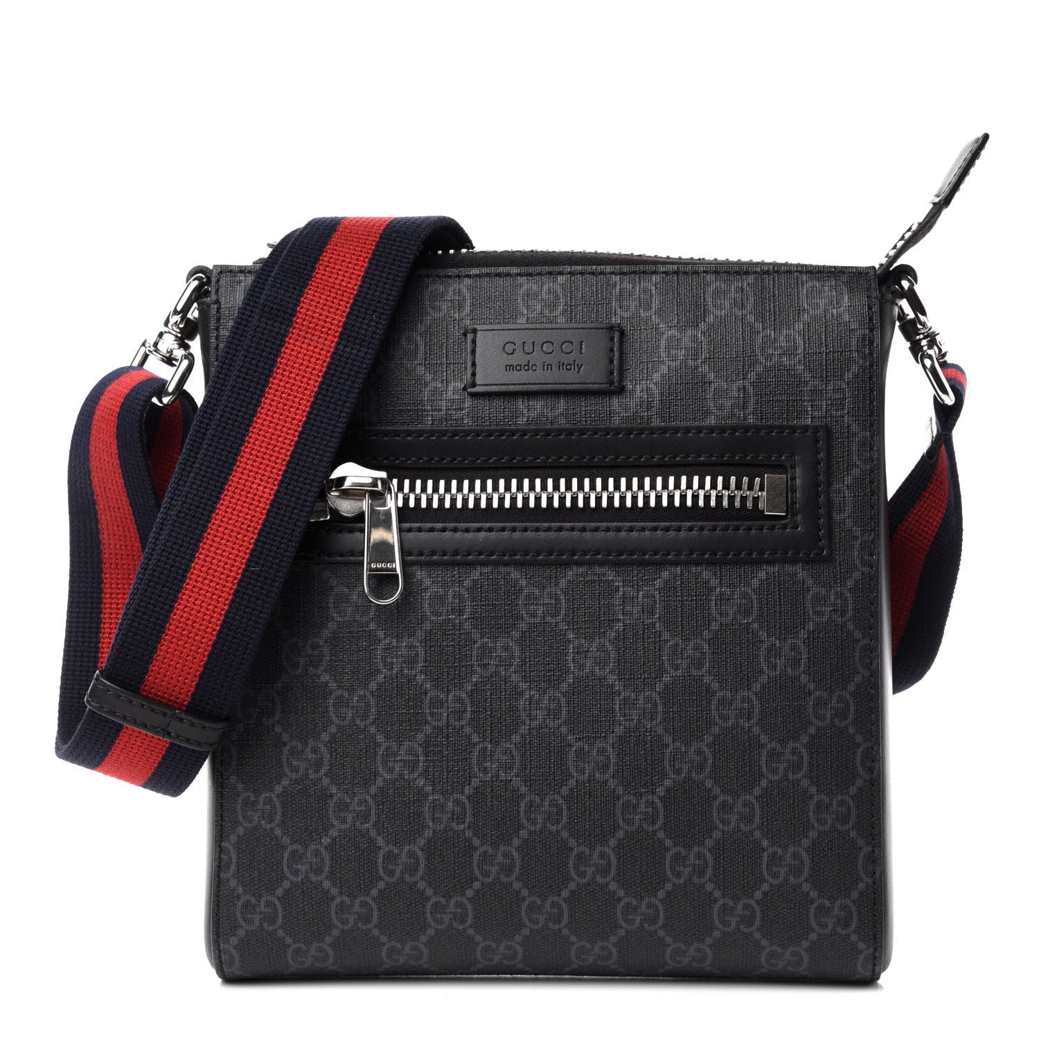 Gucci GG Supreme Monogram Web Small Flat Messenger Bag Black Grey 1 of 11